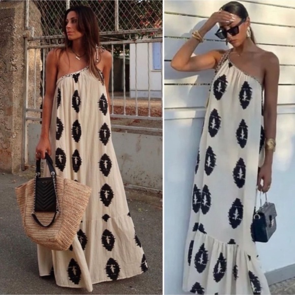 NWT Zara Black and Cream One-Shoulder Ikat Dress Size M - Picture 1 of 6
